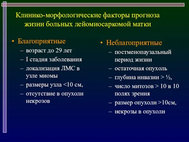 Клинико-морфологические факторы прогноза жизни больных лейомиосаркомой матки Благоприятные возраст до 29