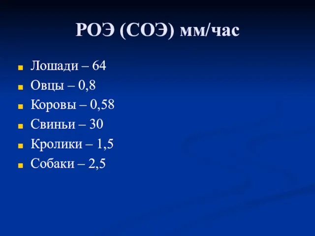 РОЭ (СОЭ) мм/час Лошади – 64 Овцы – 0,8 Коровы –