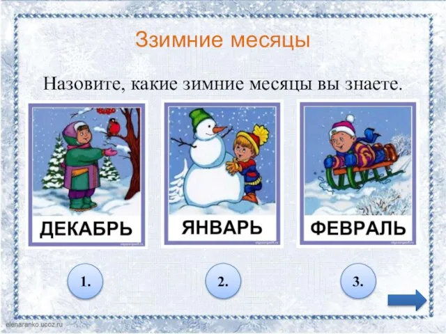 Ззимние месяцы Назовите, какие зимние месяцы вы знаете. 1. 2. 3.