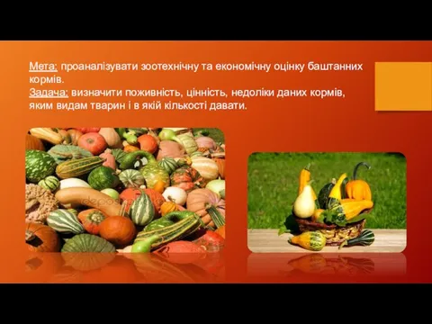 Мета: проаналізувати зоотехнічну та економічну оцінку баштанних кормів. Задача: визначити поживність,