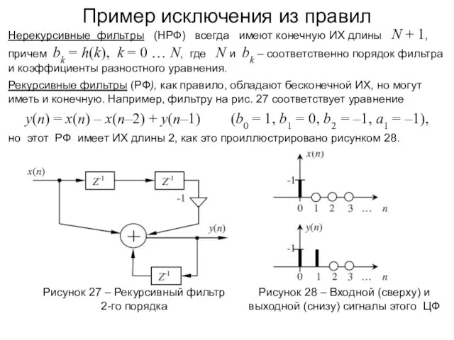 Пример исключения из правил Нерекурсивные фильтры (НРФ) всегда имеют конечную ИХ