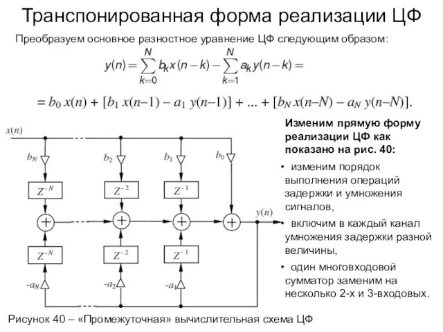 Транспонированная форма реализации ЦФ Преобразуем основное разностное уравнение ЦФ следующим образом: