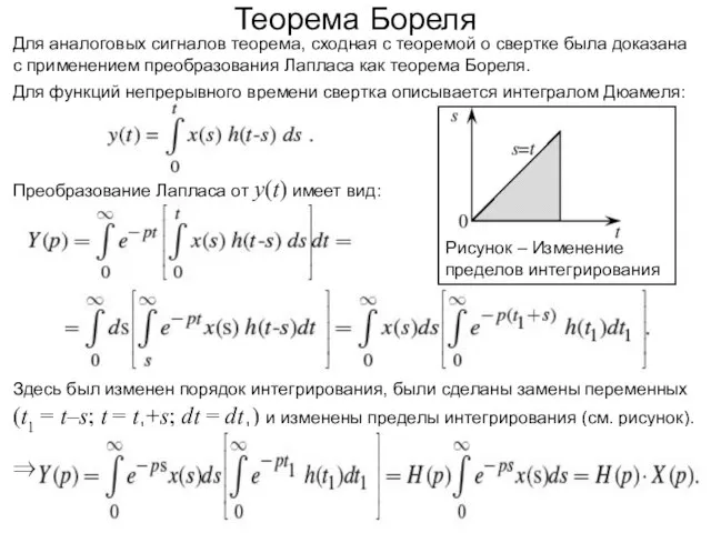 Теорема Бореля Для аналоговых сигналов теорема, сходная с теоремой о свертке