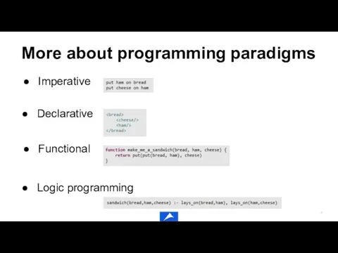 More about programming paradigms Imperative Functional Logic programming Declarative