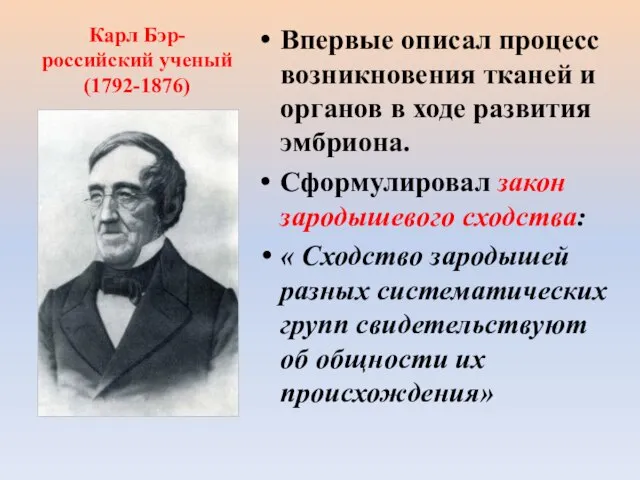 Карл Бэр- российский ученый (1792-1876) Впервые описал процесс возникновения тканей и