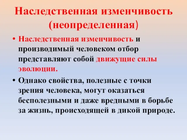 Наследственная изменчивость (неопределенная) Наследственная изменчивость и производимый человеком отбор представляют собой