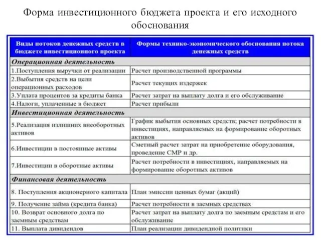 Форма инвестиционного бюджета проекта и его исходного обоснования