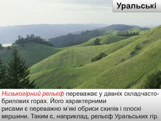 Низькогірний рельєф переважає у давніх складчасто-брилових горах. Його характерними рисами є