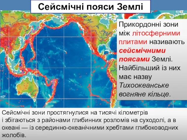 Сейсмічні пояси Землі Прикордонні зони між літосферними плитами називають сейсмічними поясами