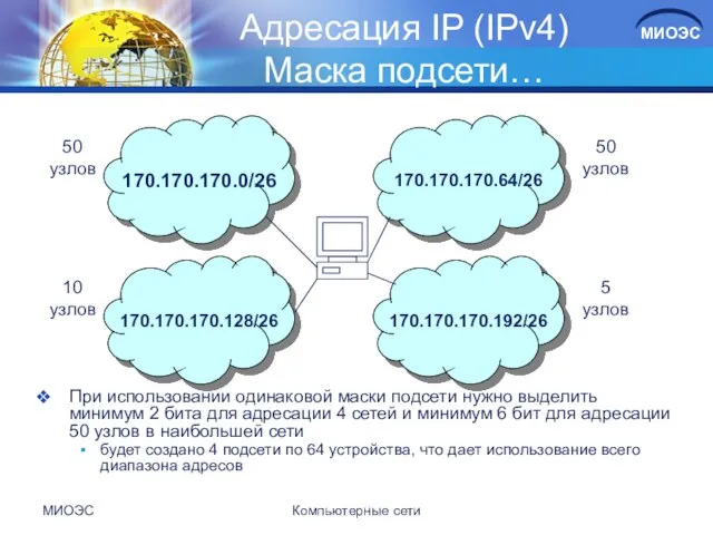 МИОЭС Компьютерные сети Адресация IP (IPv4) Маска подсети… При использовании одинаковой