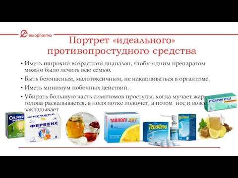 Портрет «идеального» противопростудного средства Иметь широкий возрастной диапазон, чтобы одним препаратом