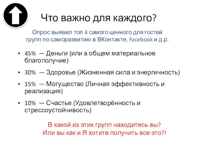 Что важно для каждого? 45% — Деньги (или в общем материальное