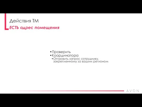 ЕСТЬ адрес помещения Действия ТМ Проверить Координатора Отправить запрос сотруднику, закрепленному за вашим регионом