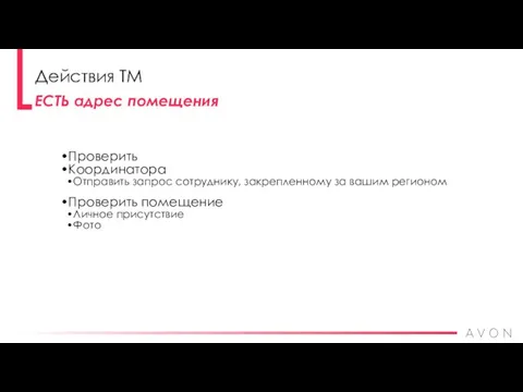 ЕСТЬ адрес помещения Действия ТМ Проверить Координатора Отправить запрос сотруднику, закрепленному