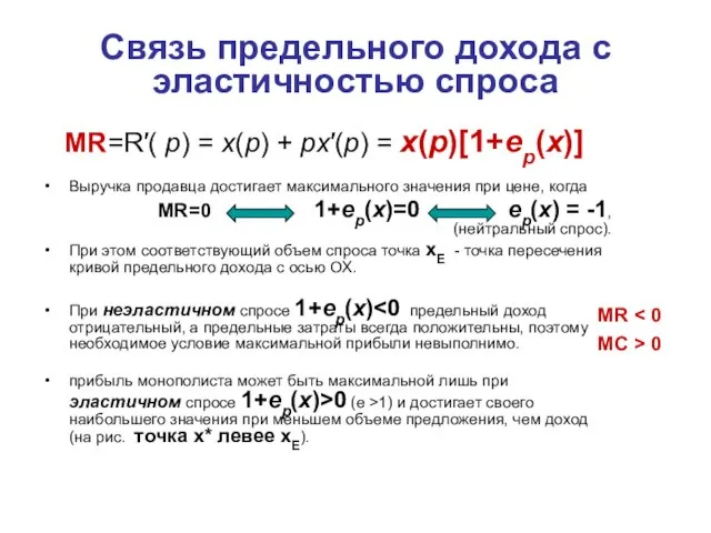 Связь предельного дохода с эластичностью спроса MR=R′( p) = x(p) +