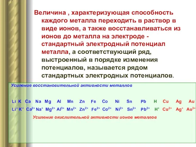 Величина , характеризующая способность каждого металла переходить в раствор в виде