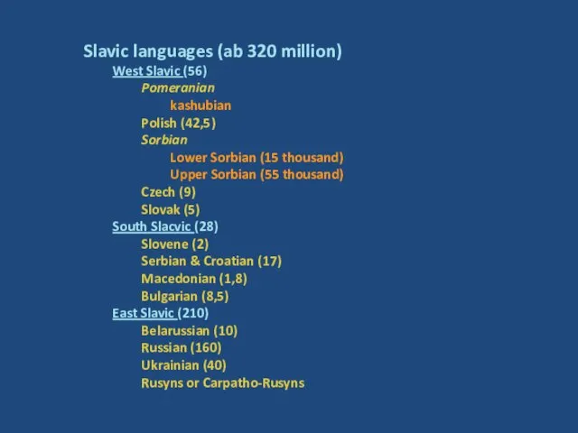 Slavic languages (ab 320 million) West Slavic (56) Pomeranian kashubian Polish