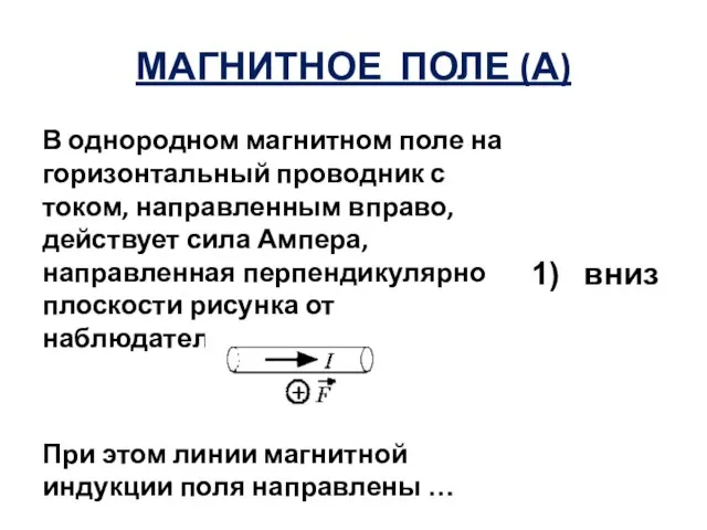 МАГНИТНОЕ ПОЛЕ (А) В однородном магнитном поле на горизонтальный проводник с