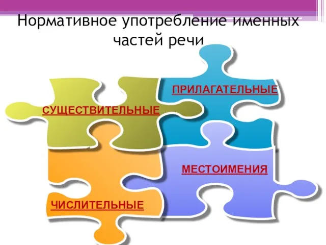 Нормативное употребление именных частей речи МЕСТОИМЕНИЯ СУЩЕСТВИТЕЛЬНЫЕ ПРИЛАГАТЕЛЬНЫЕ ЧИСЛИТЕЛЬНЫЕ