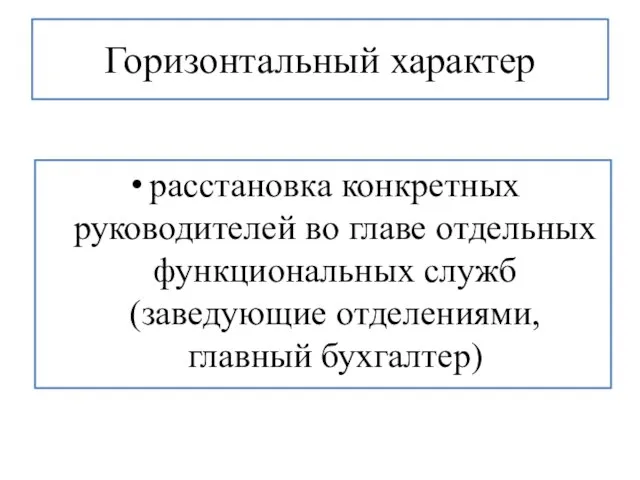 Горизонтальный характер расстановка конкретных руководителей во главе отдельных функциональных служб (заведующие отделениями, главный бухгалтер)