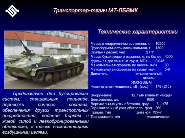 Транспортер-тягач МТ-ЛБВМК Предназначен для буксирования систем, специальных прицепов, перевозки личного состава,