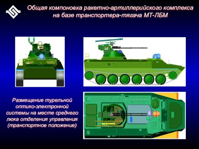 Общая компоновка ракетно-артиллерийского комплекса на базе транспортера-тягача МТ-ЛБМ Размещение турельной оптико-электронной