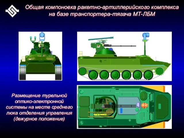 Общая компоновка ракетно-артиллерийского комплекса на базе транспортера-тягача МТ-ЛБМ Размещение турельной оптико-электронной