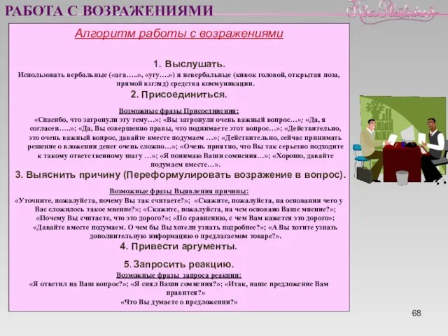 РАБОТА С ВОЗРАЖЕНИЯМИ Алгоритм работы с возражениями 1. Выслушать. Использовать вербальные