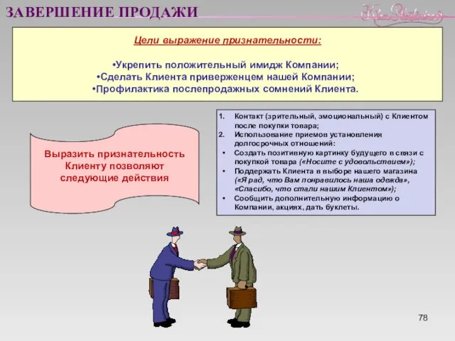 Цели выражение признательности: Укрепить положительный имидж Компании; Сделать Клиента приверженцем нашей