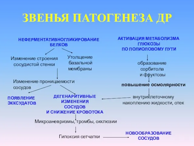 ЗВЕНЬЯ ПАТОГЕНЕЗА ДР НЕФЕРМЕНТАТИВНОГЛИКИРОВАНИЕ БЕЛКОВ Изменение строения сосудистой стенки Утолщение базальной