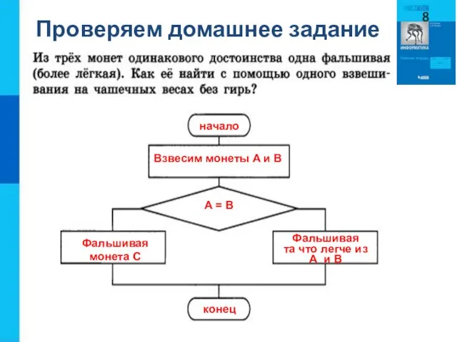 Проверяем домашнее задание начало Взвесим монеты A и B A =