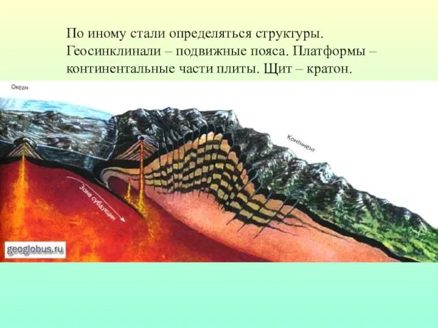 По иному стали определяться структуры. Геосинклинали – подвижные пояса. Платформы –