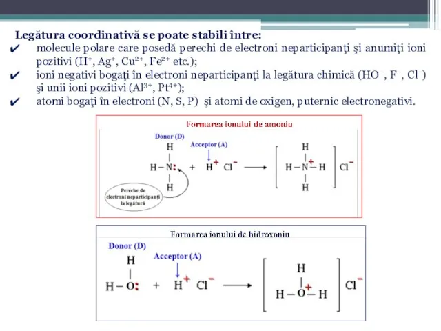 Legătura coordinativă se poate stabili între: molecule polare care posedă perechi
