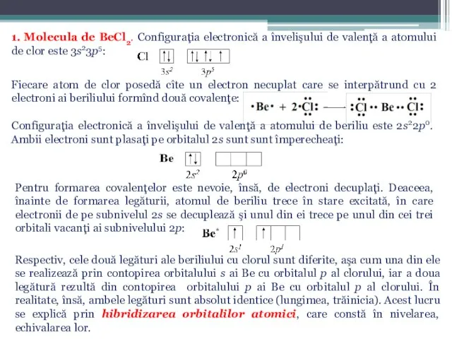 1. Molecula de BeCl2. Configuraţia electronică a învelişului de valenţă a