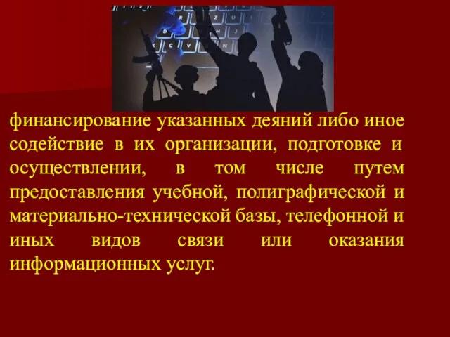 финансирование указанных деяний либо иное содействие в их организации, подготовке и