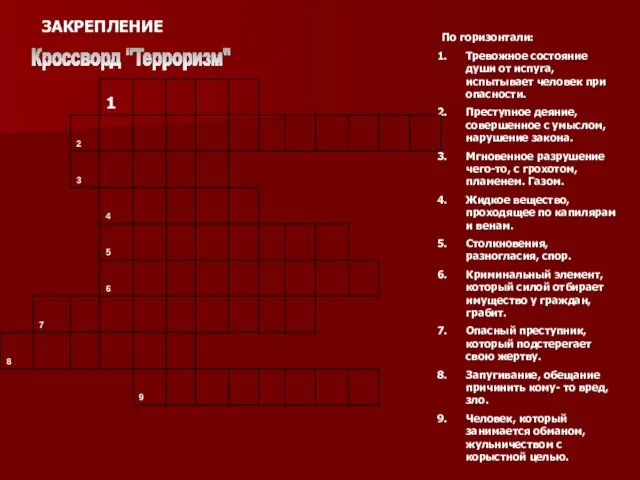 ЗАКРЕПЛЕНИЕ По горизонтали: Тревожное состояние души от испуга, испытывает человек при