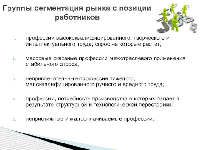 профессии высококвалифицированного, творческого и интеллектуального труда, спрос на которые растет; массовые