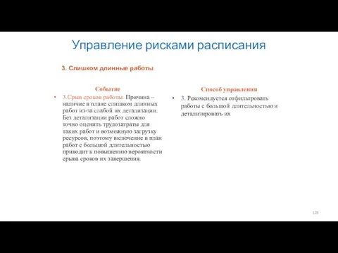 Управление рисками расписания Событие 3.Срыв сроков работы. Причина – наличие в