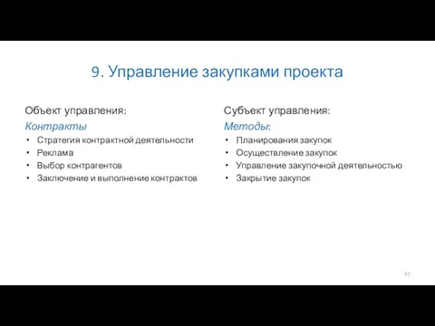 9. Управление закупками проекта Объект управления: Контракты Стратегия контрактной деятельности Реклама