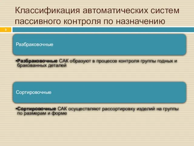 Классификация автоматических систем пассивного контроля по назначению Разбраковочные Разбраковочные САК образуют