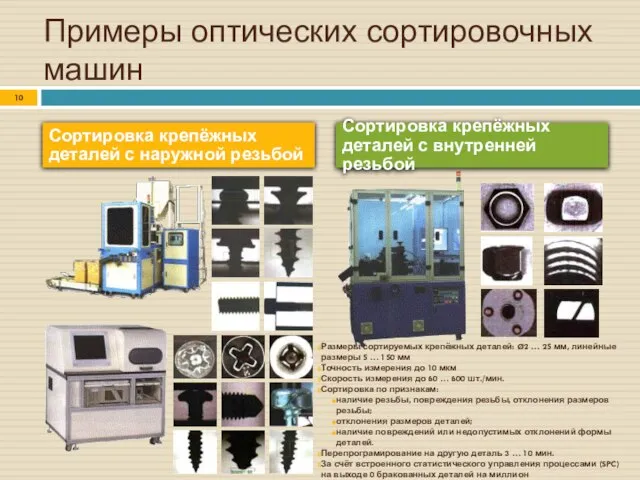 Примеры оптических сортировочных машин Сортировка крепёжных деталей с наружной резьбой Сортировка