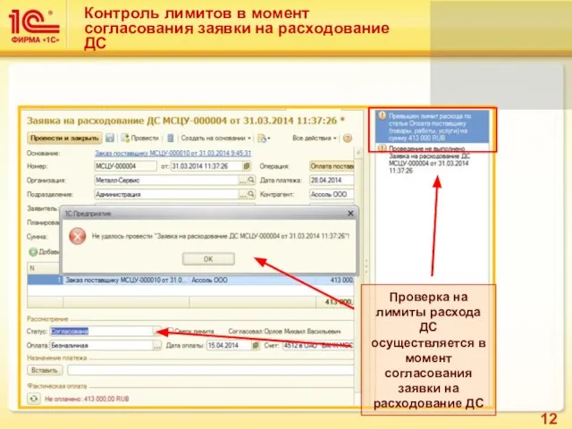 Проверка на лимиты расхода ДС осуществляется в момент согласования заявки на