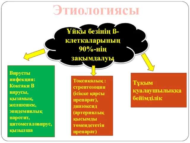 Ұйқы безінің ß-клеткаларының 90%-нің зақымдалуы Вирусты инфекция: Коксаки B вирусы, қызамық,