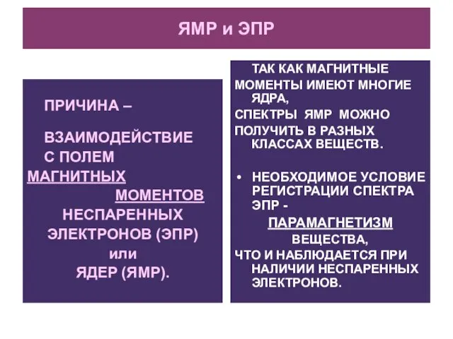 ЯМР и ЭПР ПРИЧИНА – ВЗАИМОДЕЙСТВИЕ С ПОЛЕМ МАГНИТНЫХ МОМЕНТОВ НЕСПАРЕННЫХ