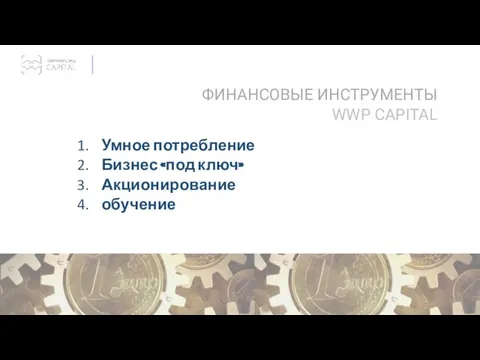 ФИНАНСОВЫЕ ИНСТРУМЕНТЫ WWP CAPITAL Умное потребление Бизнес «под ключ» Акционирование обучение