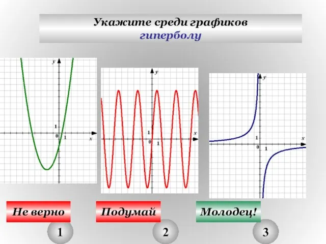 Укажите среди графиков гиперболу 1 2 3 Не верно Подумай Молодец!