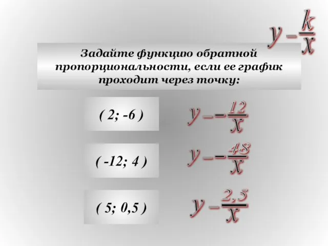 Задайте функцию обратной пропорциональности, если ее график проходит через точку: (