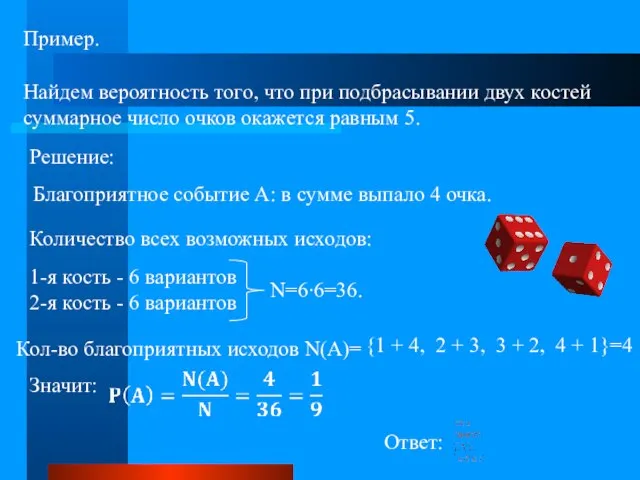 Пример. Найдем вероятность того, что при подбрасывании двух костей суммарное число