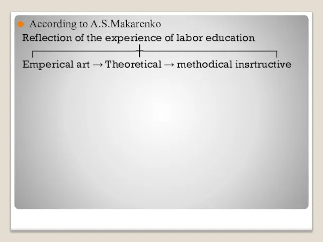 According to A.S.Makarenko Reflection of the experience of labor education ┌─────────────┼─────────────────┐