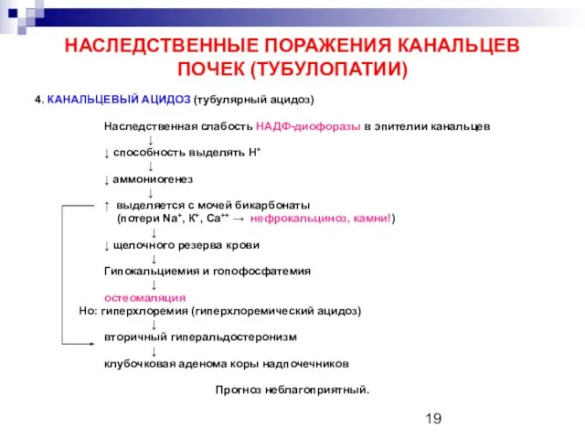 НАСЛЕДСТВЕННЫЕ ПОРАЖЕНИЯ КАНАЛЬЦЕВ ПОЧЕК (ТУБУЛОПАТИИ) 4. КАНАЛЬЦЕВЫЙ АЦИДОЗ (тубулярный ацидоз) Наследственная